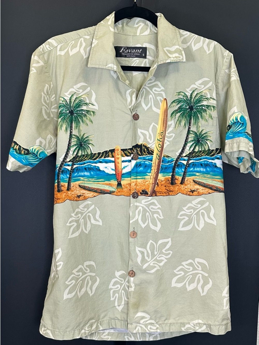#163- Favant Men's Light Beige Hawaiian Button-Down Shirt with‎ Surf Print